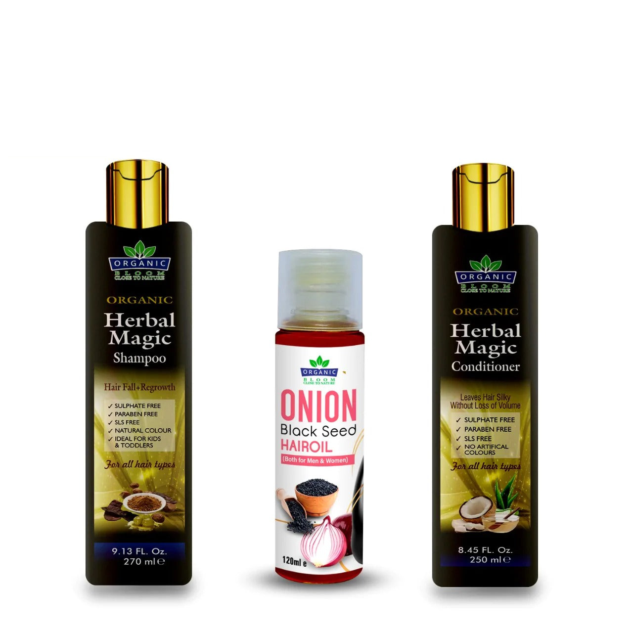 Organic Bloom Hair Care Deal (Herbal Shampoo + Herbal Conditioner + Onion Black Seed Hair Oil